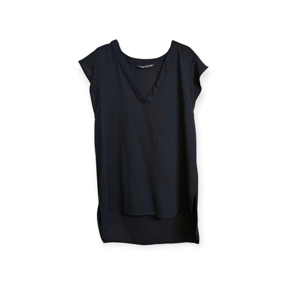 Zara V-Neck Long Minimalist Business Casual Black Flutter Sleeve Blouse Small